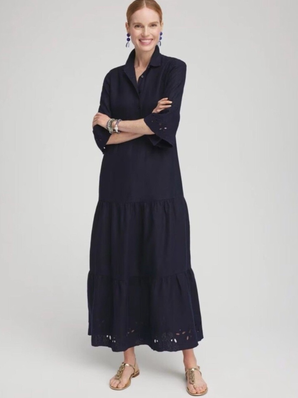NWT Chico’s Linen Embroidered Eyelet Maxi Navy Blue Large Sun Maxi Dress 2.5